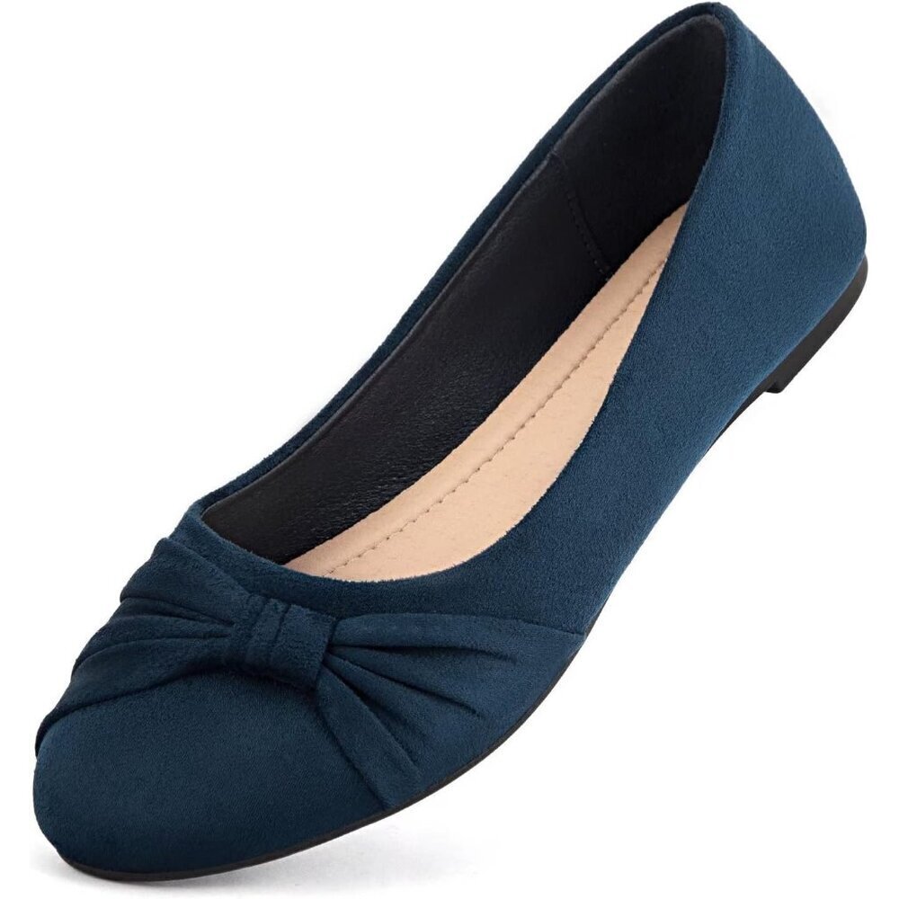 Women Navy Rubber Slip On Closed Round Toe  Low Wedge Ballet Flats Shoes